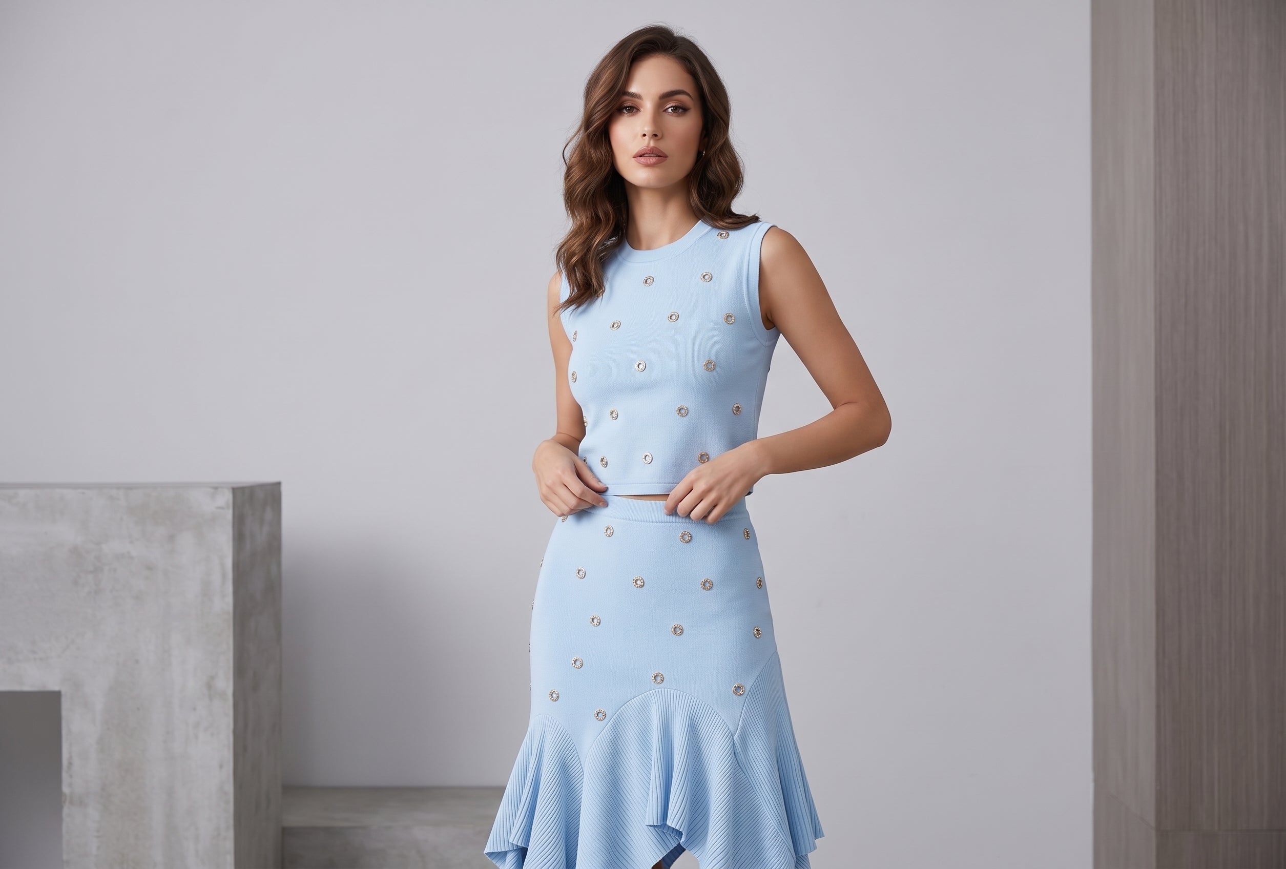 Crystal Embellished Skirt Set in Sky Blue (Rayon-Viscose Knit)
