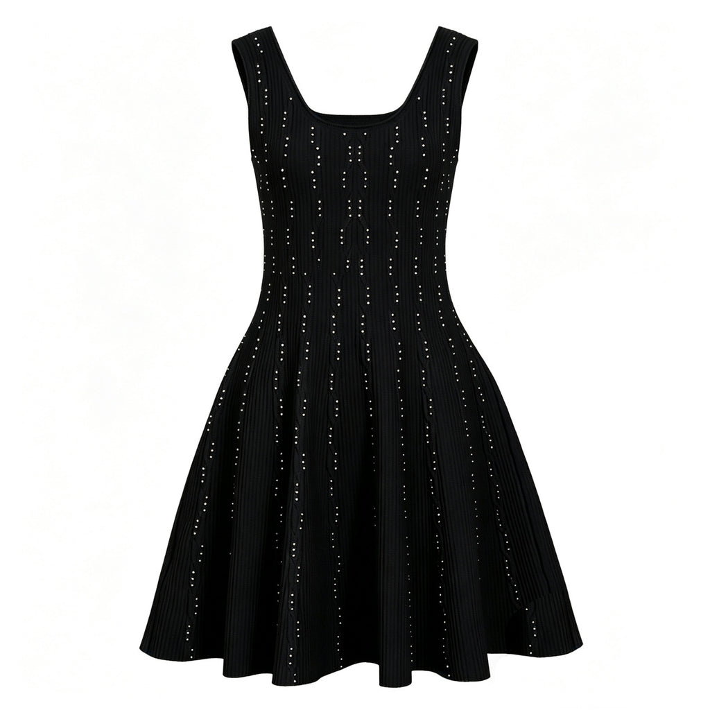 Black knit flared dress with pearl embellishments
