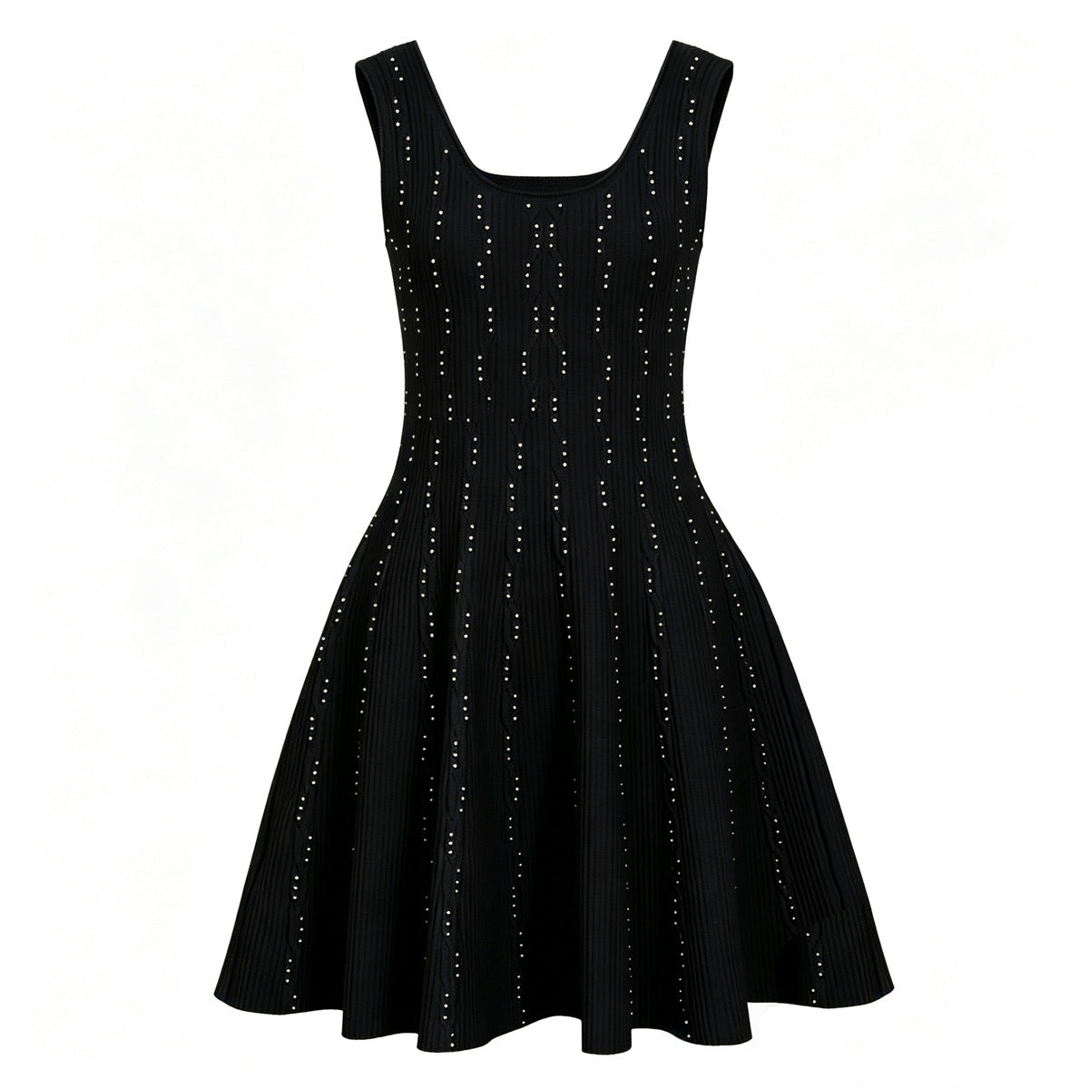 Black knit flared dress with pearl embellishments