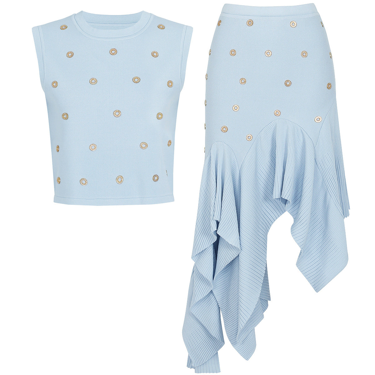Light blue crystal-embellished knit top and asymmetric pleated skirt set