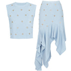 Light blue crystal-embellished knit top and asymmetric pleated skirt set