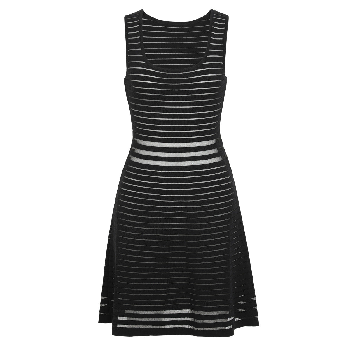 Black sleeveless knit striped dress front view