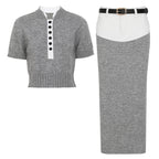 Gray and white button-front knit top and matching belted midi skirt