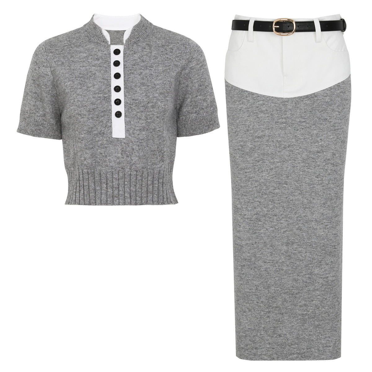 Gray and white button-front knit top and matching belted midi skirt