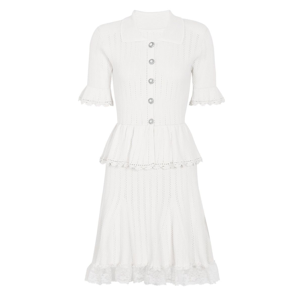 White knit peplum midi dress with lace hem and pearl buttons