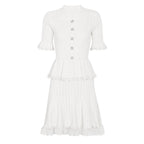 White knit peplum midi dress with lace hem and pearl buttons