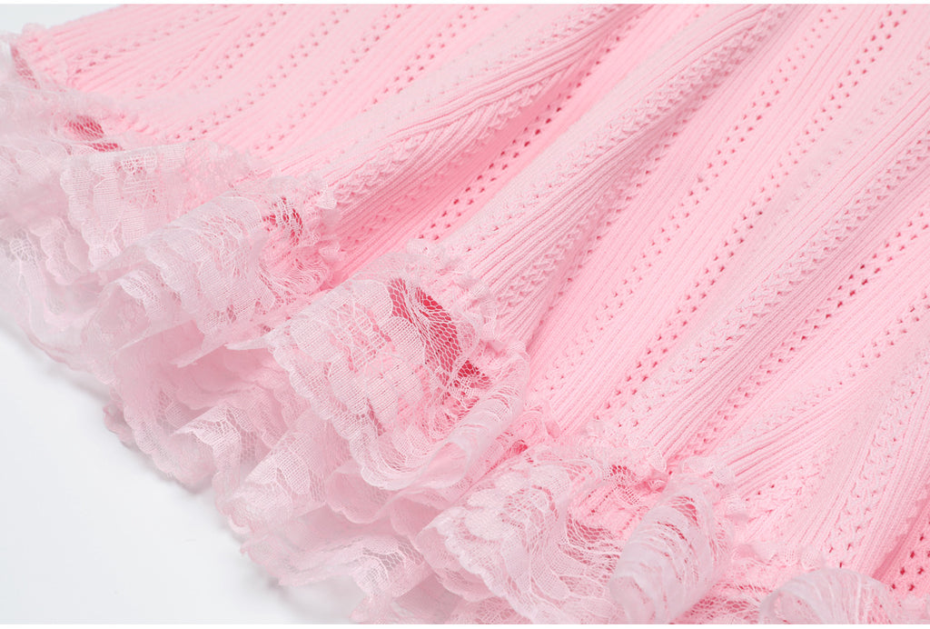 Pink lace hem detail of midi dress