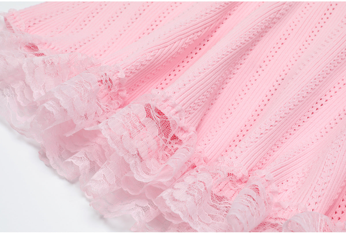 Pink lace hem detail of midi dress