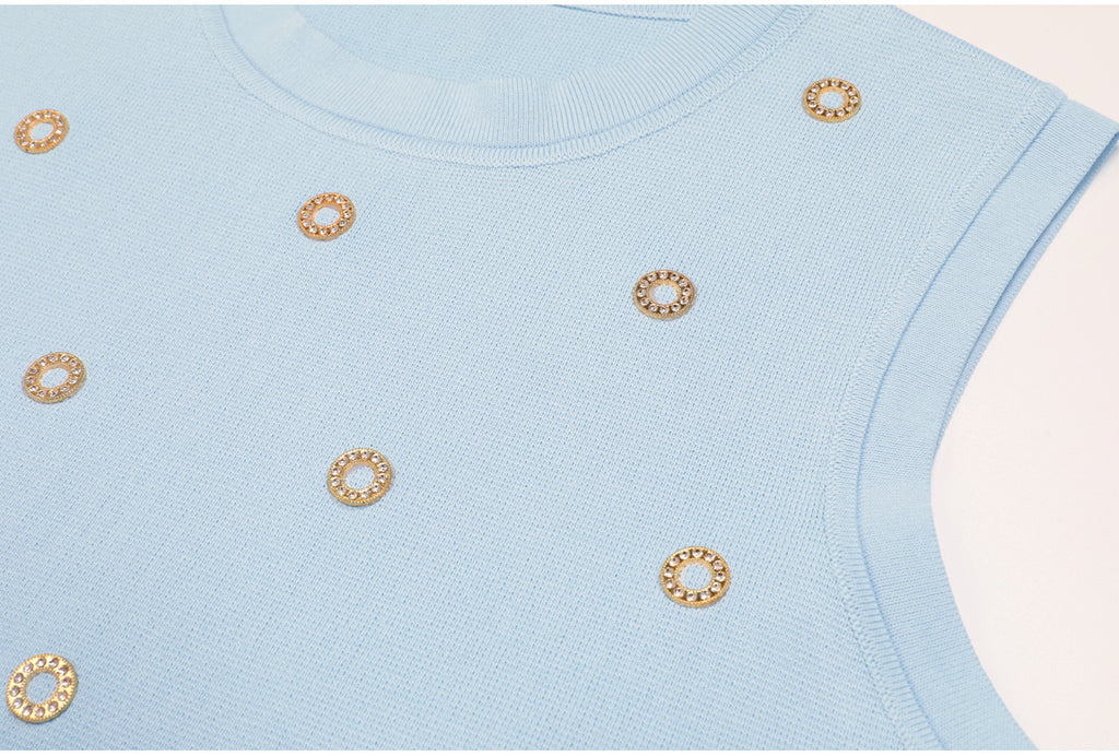 Angle detail of blue crystal-embellished tank top