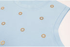 Angle detail of blue crystal-embellished tank top