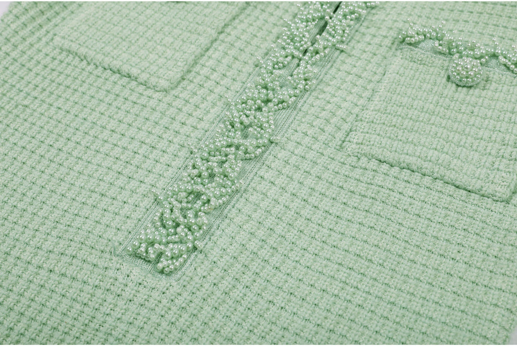 Mint green dress upper front with detailed pearl decorations