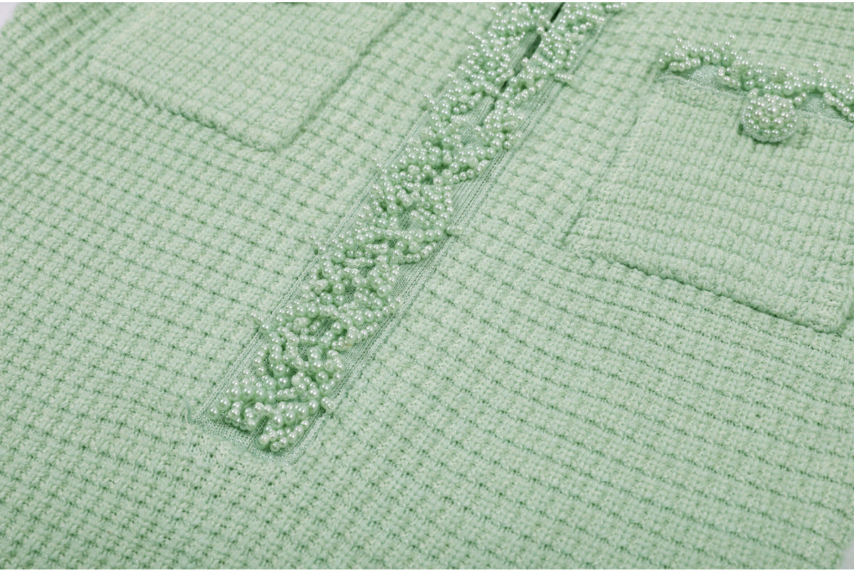 Mint green dress upper front with detailed pearl decorations