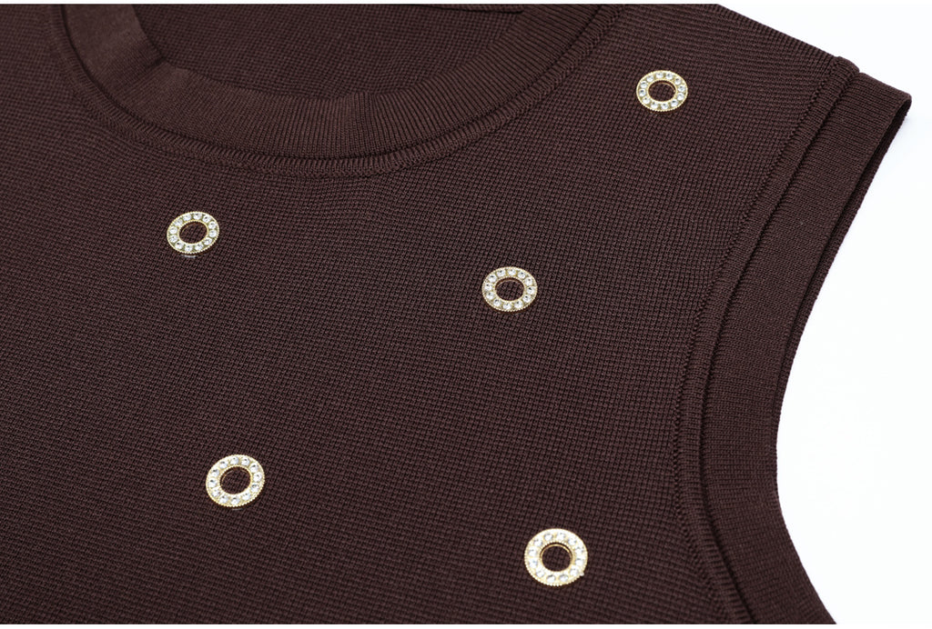 Detail angle of brown knit tank with crystal circles