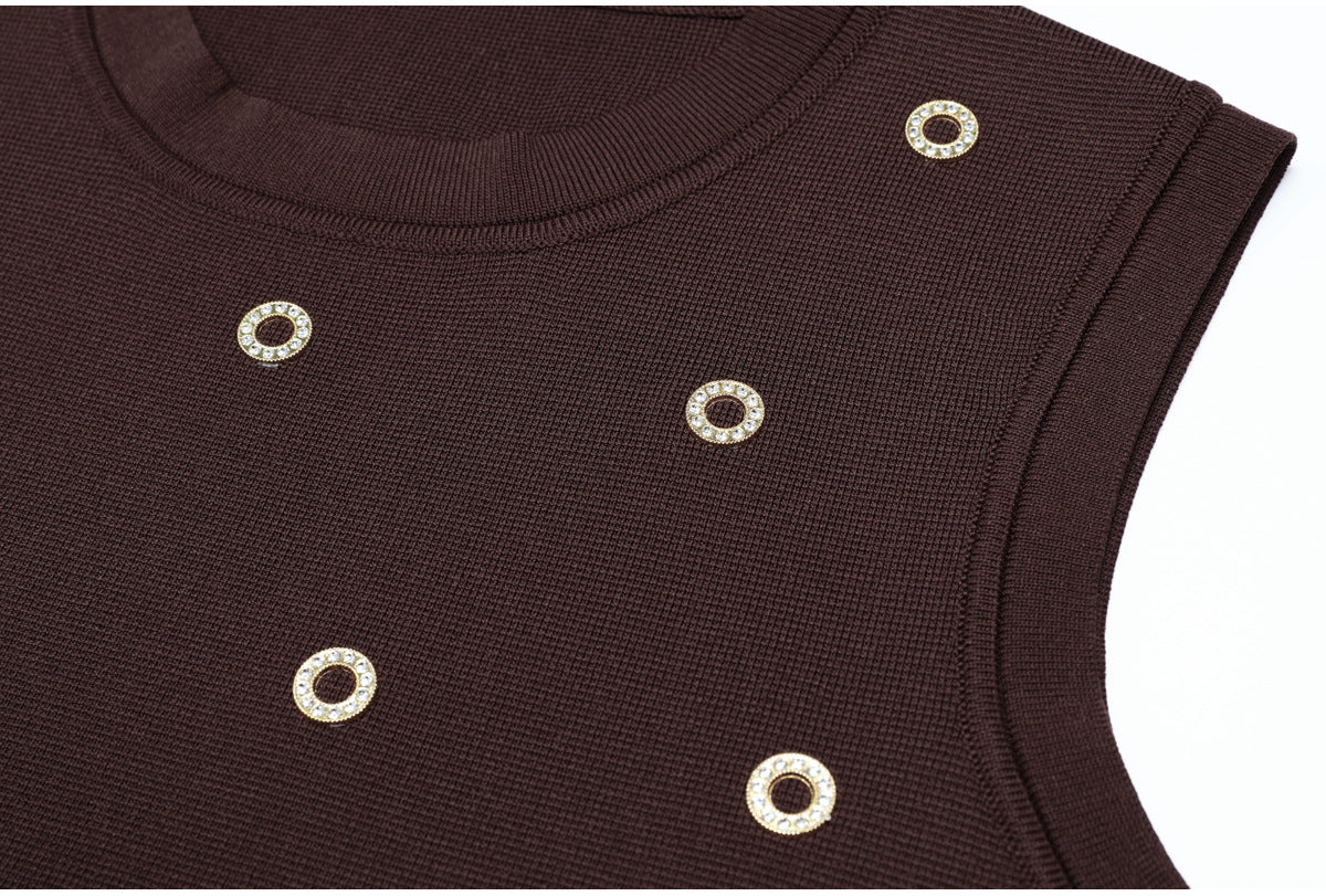 Detail angle of brown knit tank with crystal circles