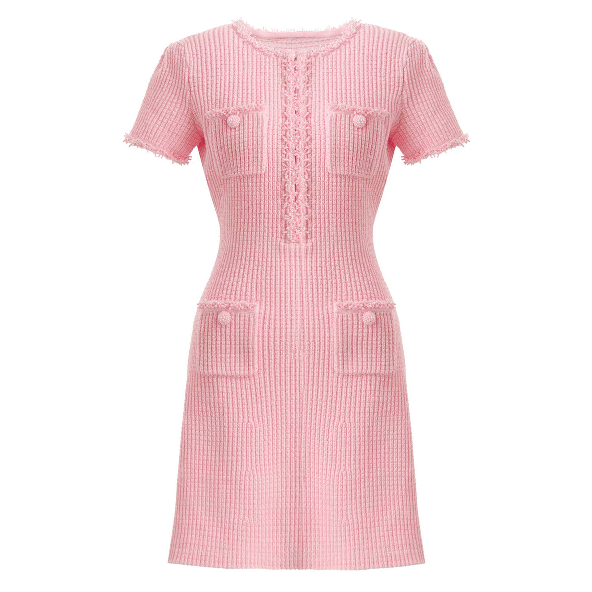 Front view of pastel pink textured knit dress with pockets
