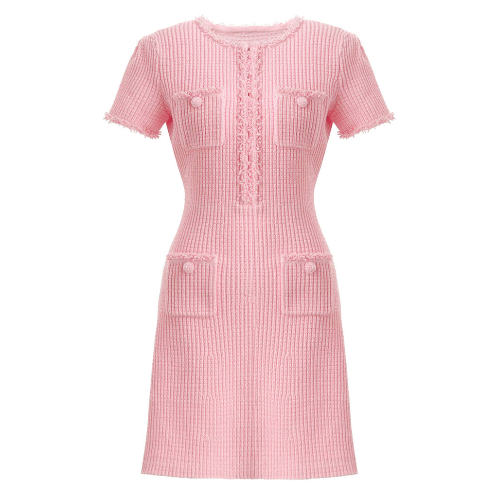 Front view of pastel pink textured knit dress with pockets
