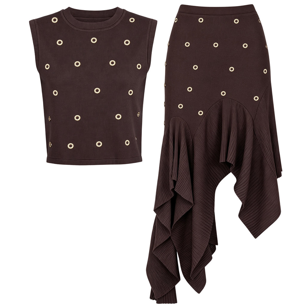 Chocolate brown crystal-embellished knit top and asymmetric pleated skirt set