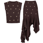 Chocolate brown crystal-embellished knit top and asymmetric pleated skirt set