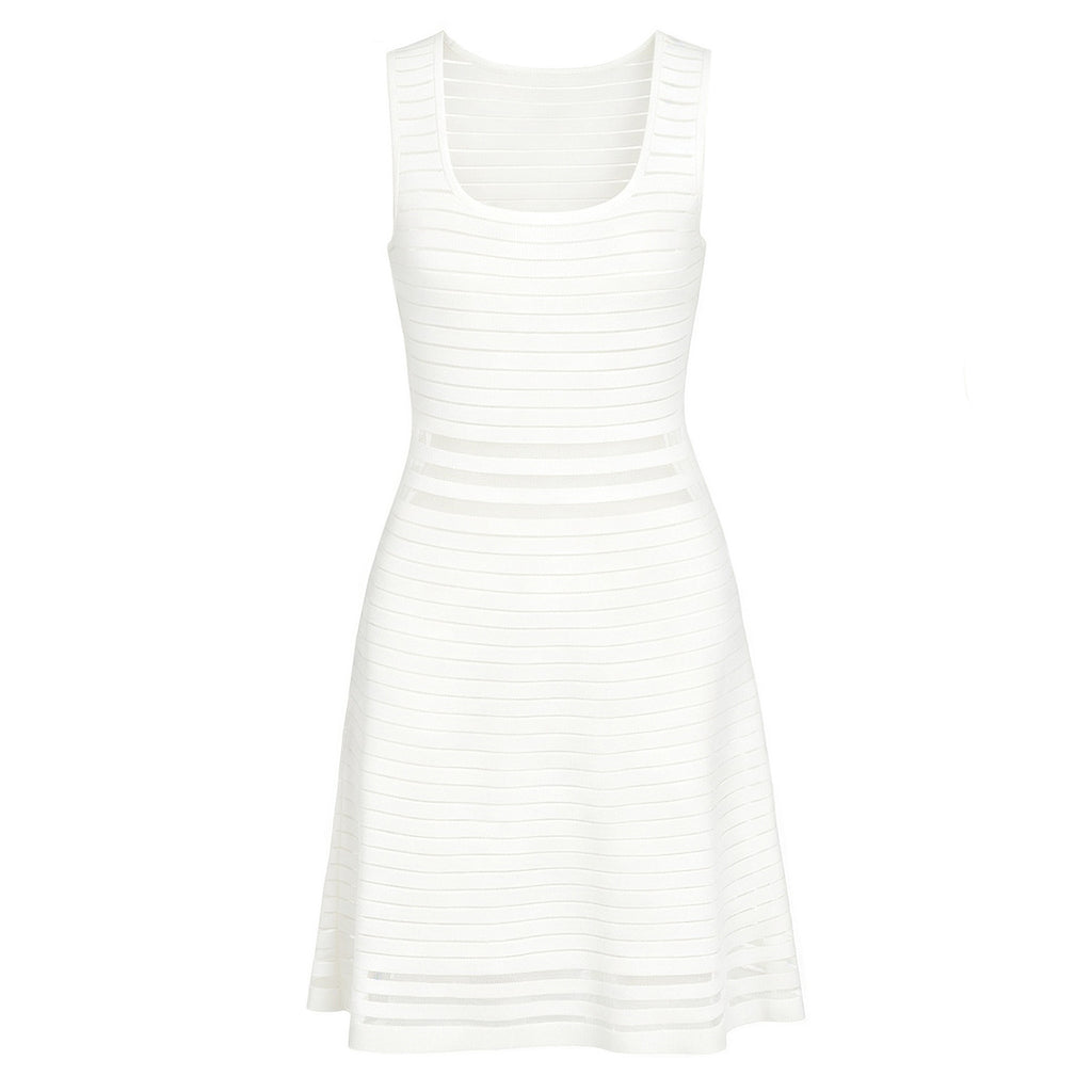 White sleeveless knit striped dress front view