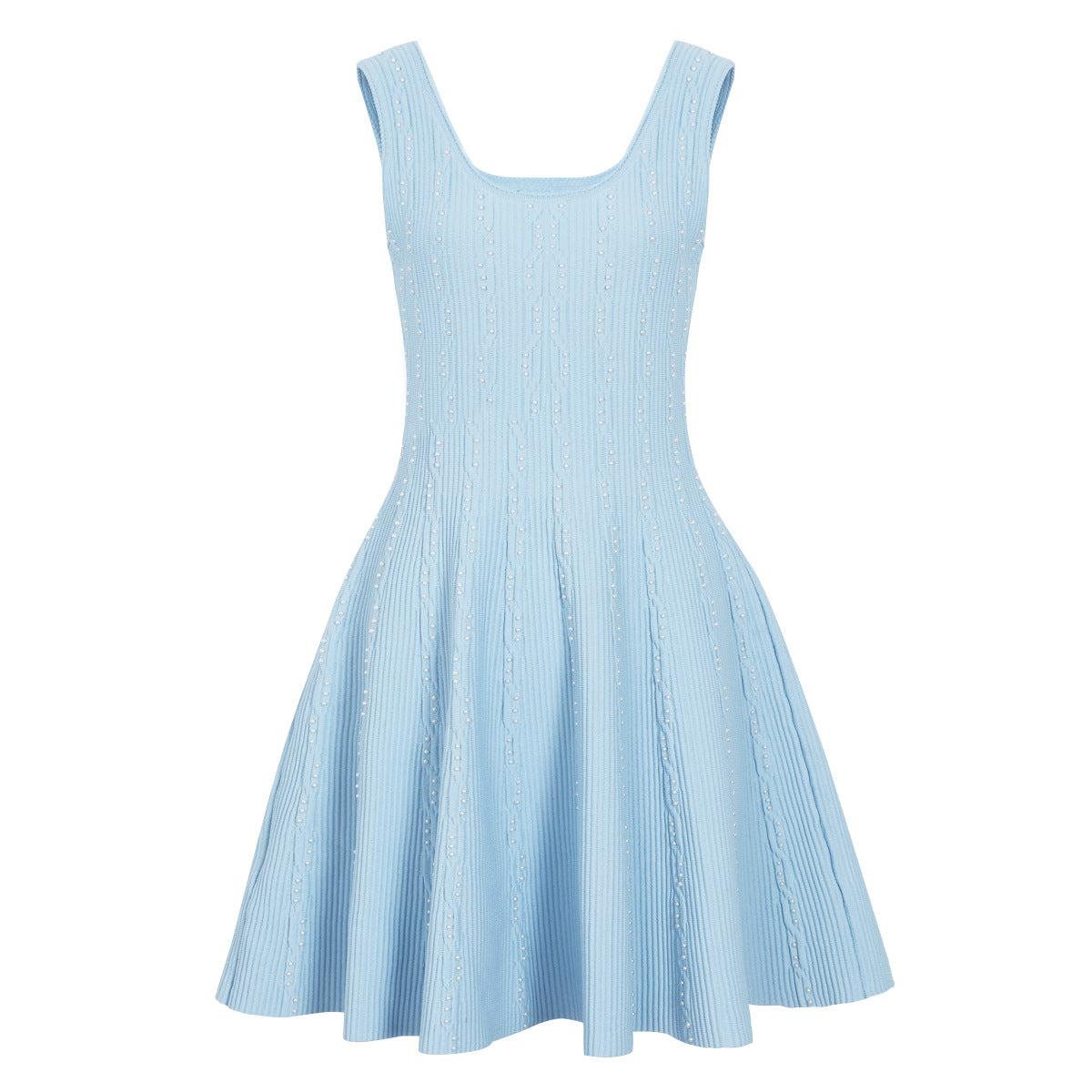 Light blue knit flared dress with pearl embellishments