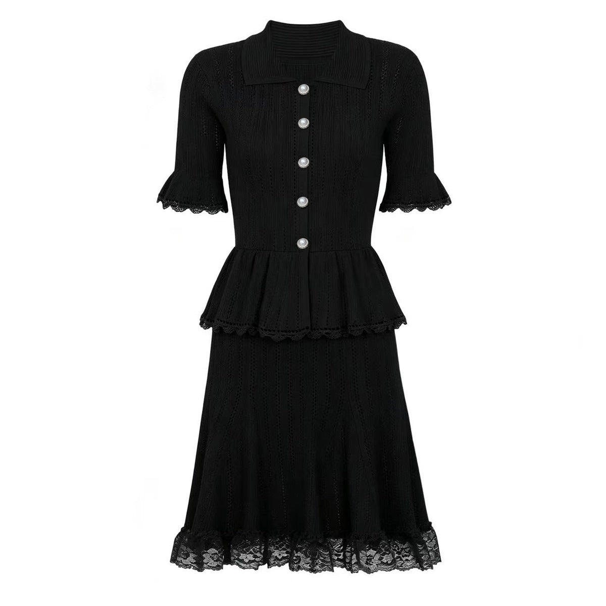 Black knit peplum midi dress with lace hem and pearl buttons