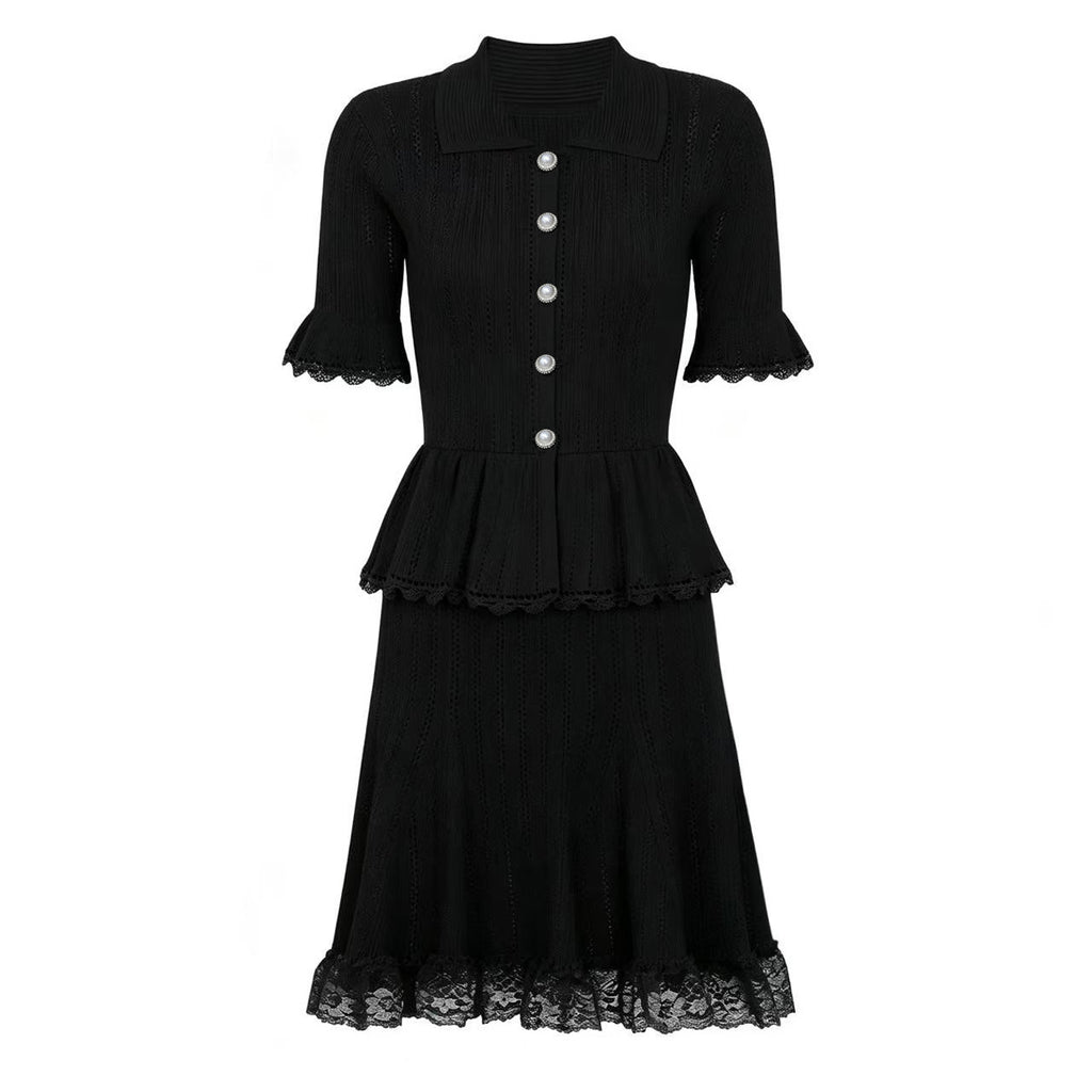 Black knit peplum midi dress with lace hem and pearl buttons