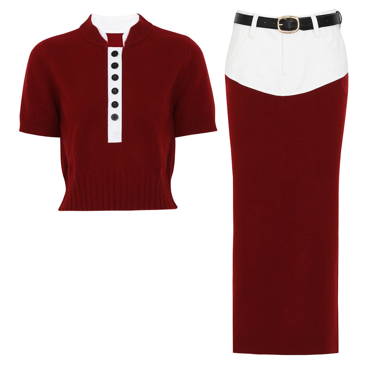 Wine red and white button-front knit top with matching belted midi skirt