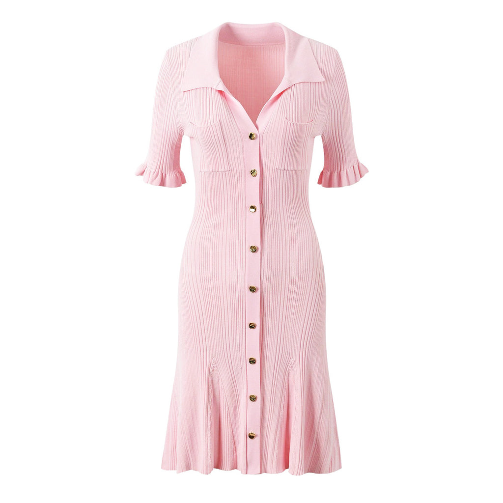Pink pleated knit button-down dress front view