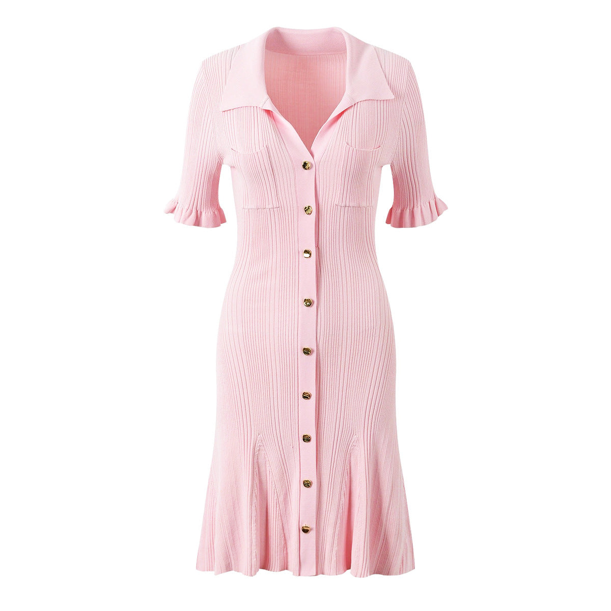 Pink pleated knit button-down dress front view