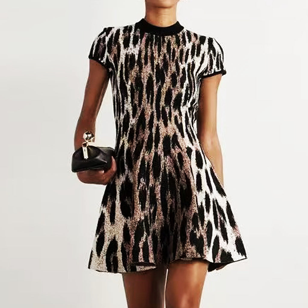 Front view of jacquard knit dress with bold pattern