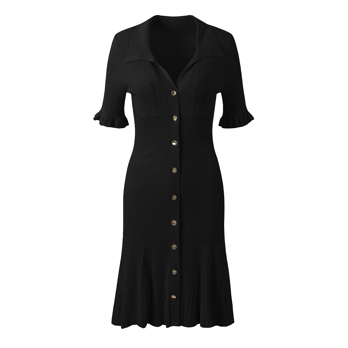 Black pleated knit button-down dress front view