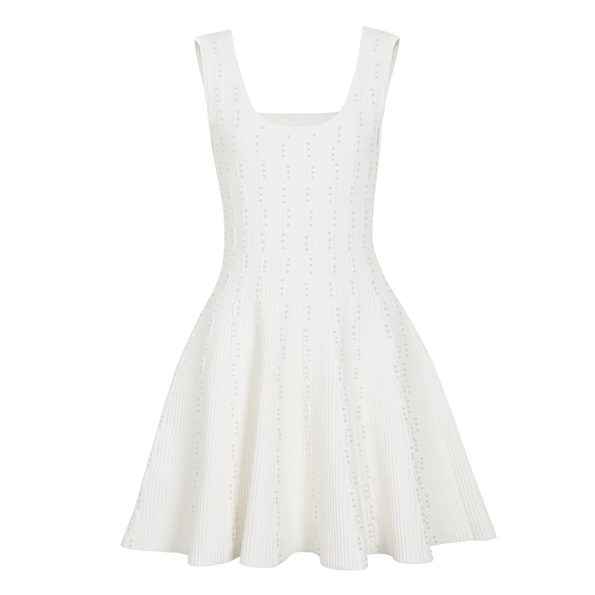 White knit flared dress with pearl embellishments