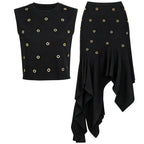 Black crystal-embellished knit top and asymmetric pleated skirt set