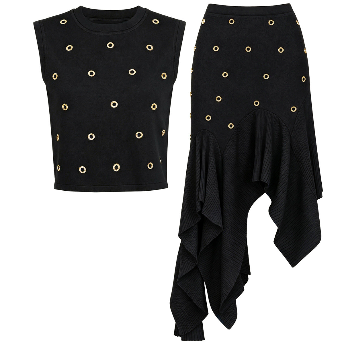 Black crystal-embellished knit top and asymmetric pleated skirt set