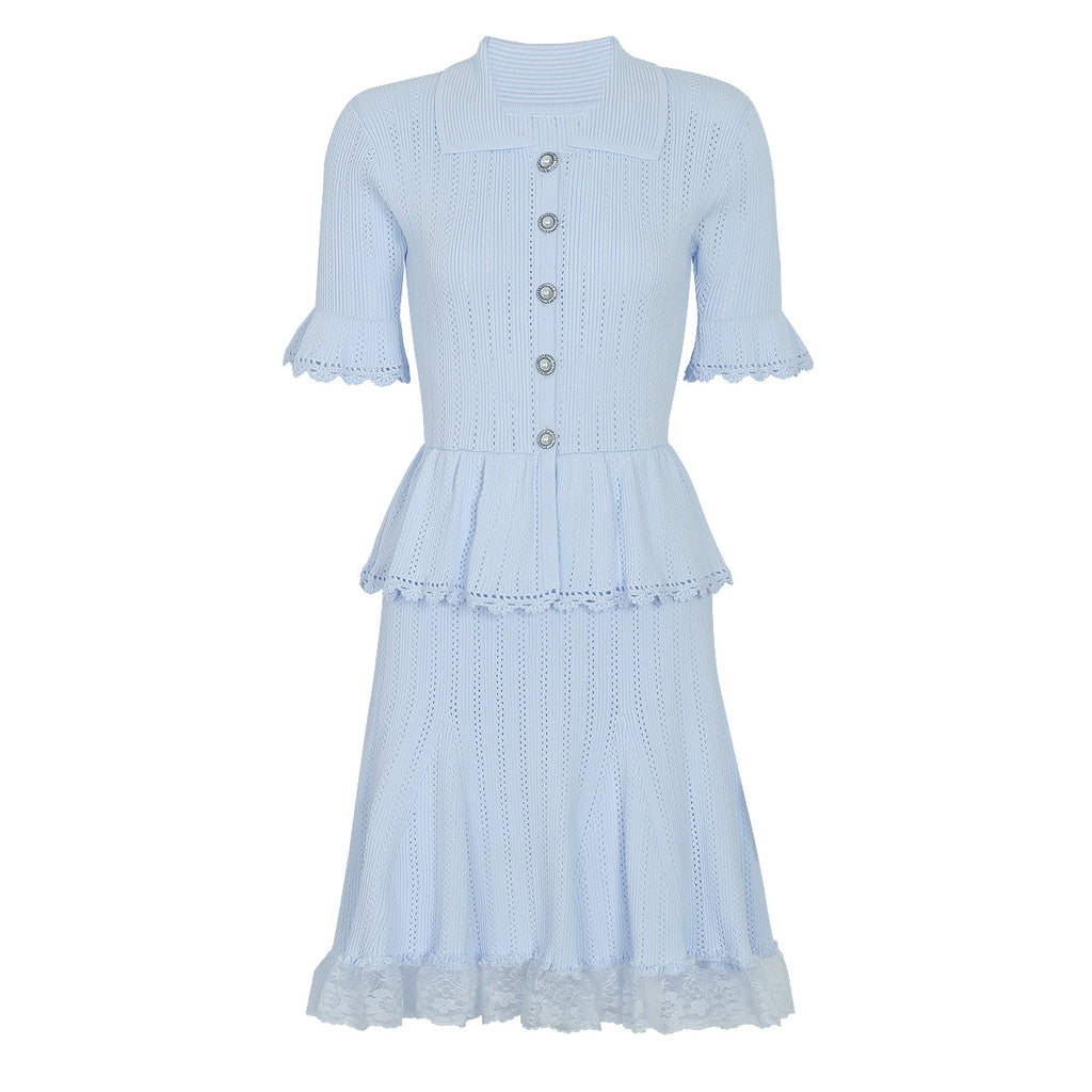 Blue knit peplum midi dress with lace hem and pearl buttons