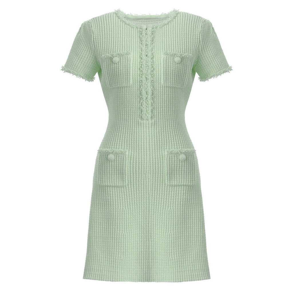 Front view of mint green textured knit dress with pockets