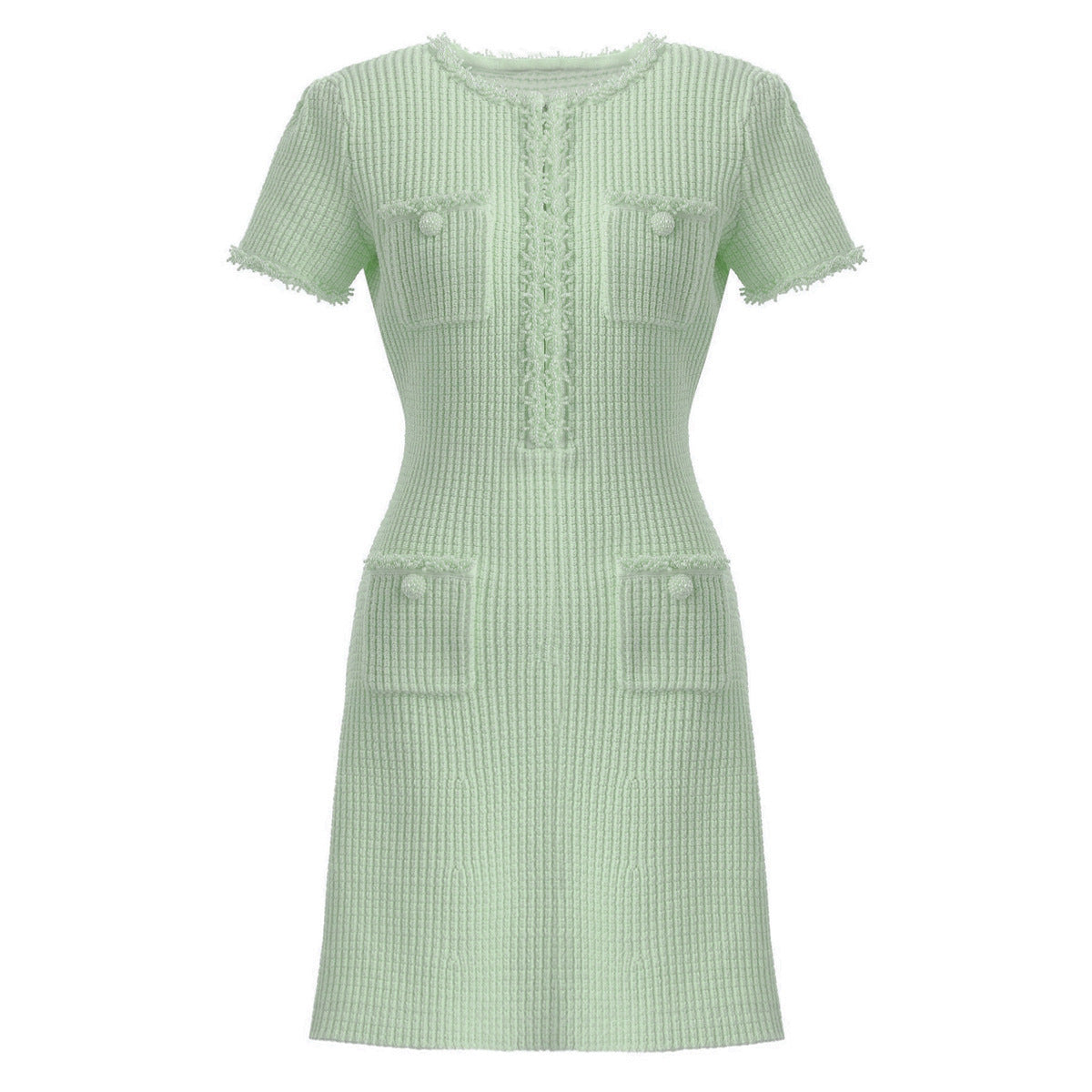 Front view of mint green textured knit dress with pockets