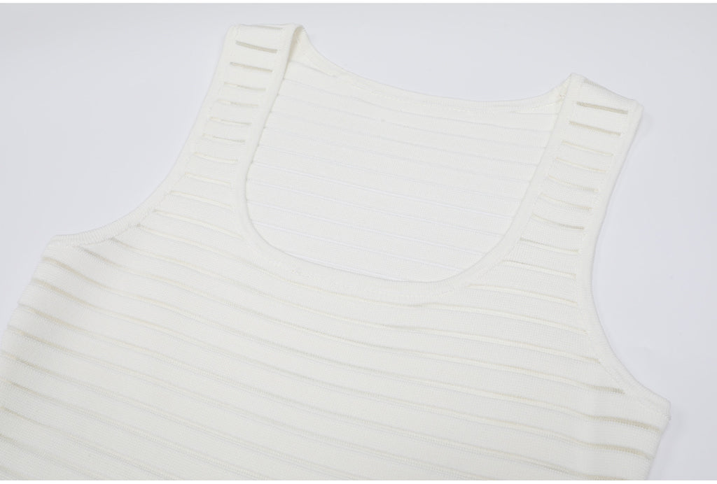 Close-up neckline of white striped knit dress