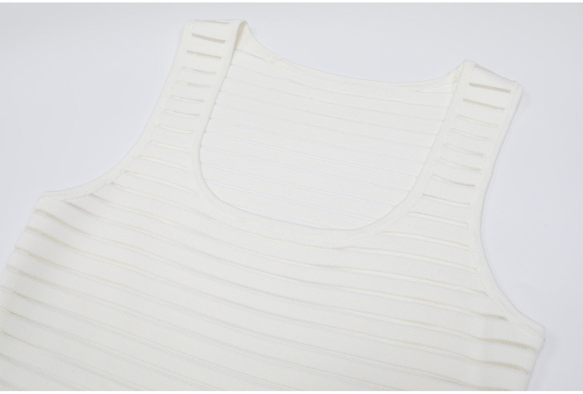 Close-up neckline of white striped knit dress