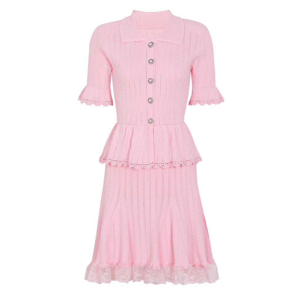 Pink knit peplum midi dress with lace hem and pearl buttons