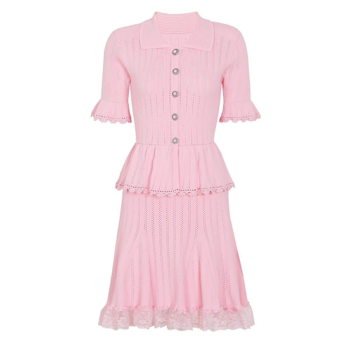 Pink knit peplum midi dress with lace hem and pearl buttons