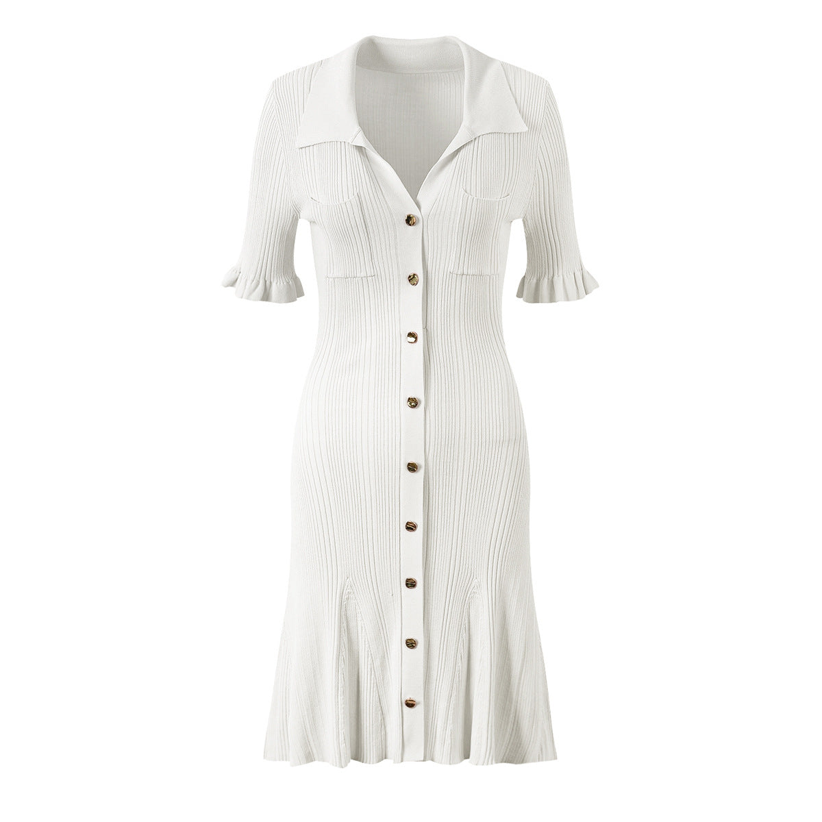 White pleated knit button-down dress front view