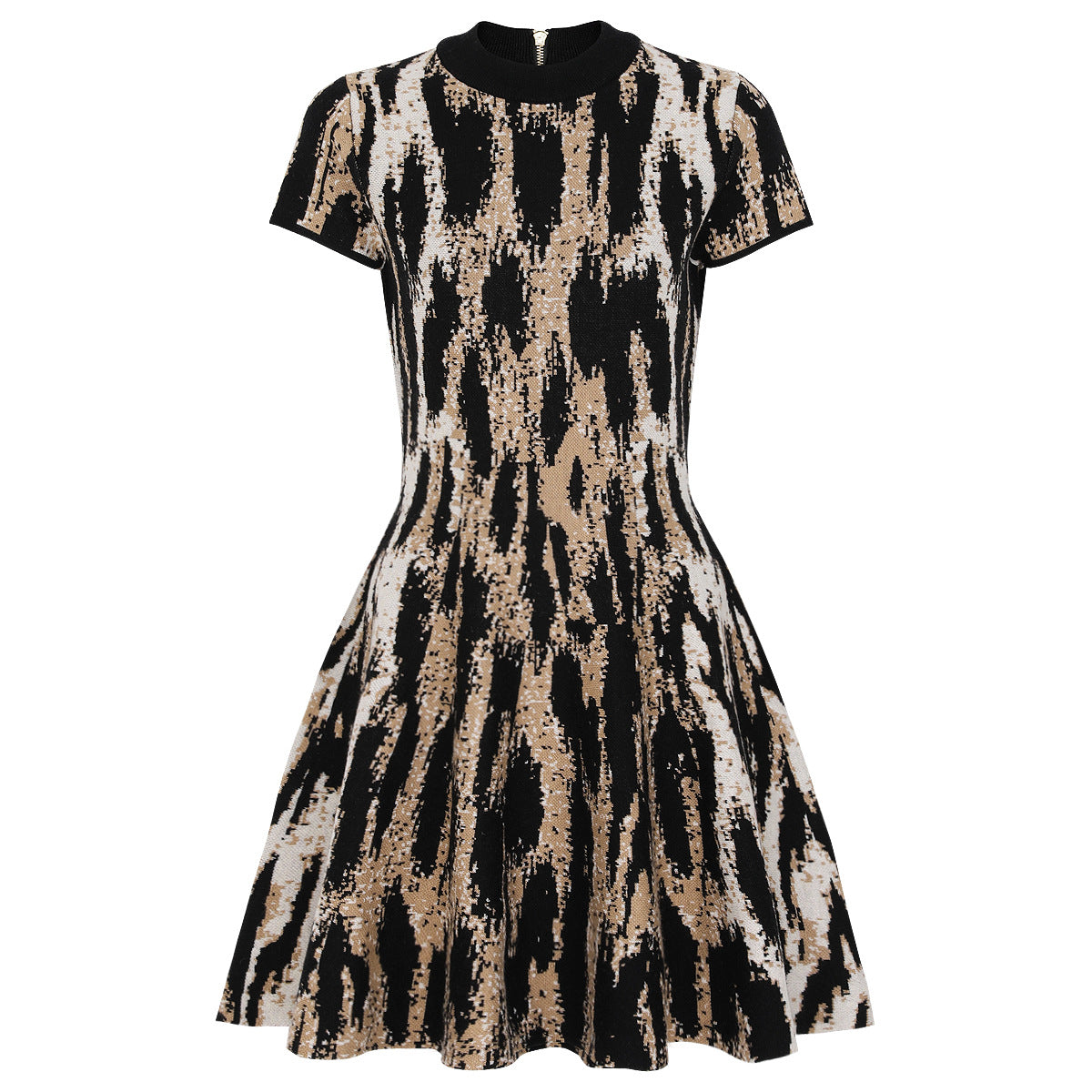 Flat lay of black and beige jacquard knit dress