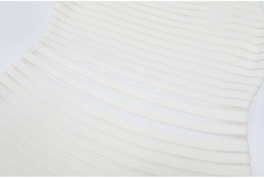 Midsection detail white striped knit dress showing stripes