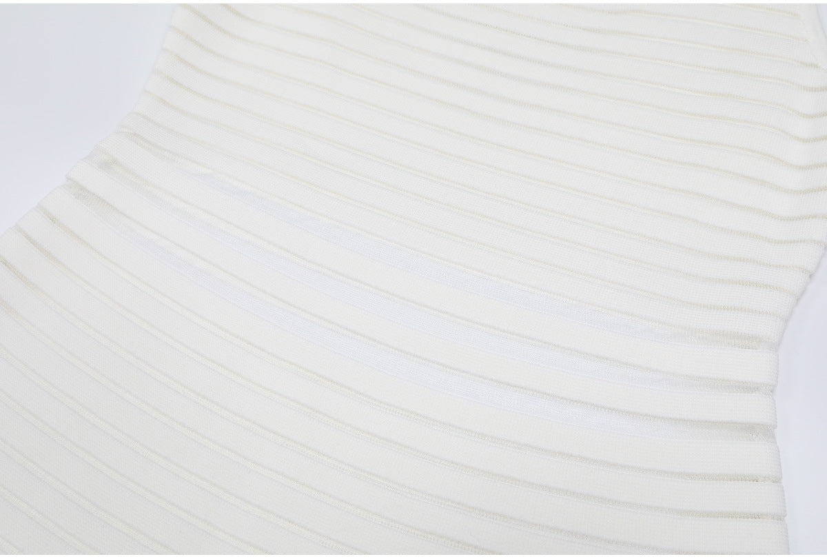 Midsection detail white striped knit dress showing stripes