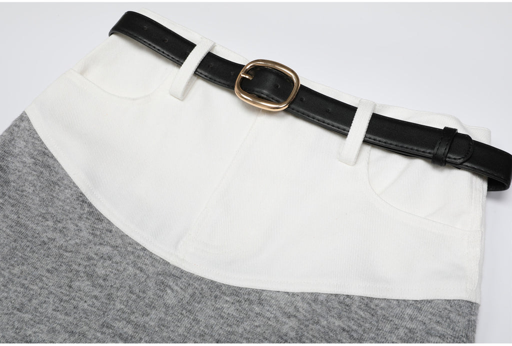 Detail of gray skirt colorblock waist and black belt