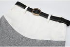 Detail of gray skirt colorblock waist and black belt