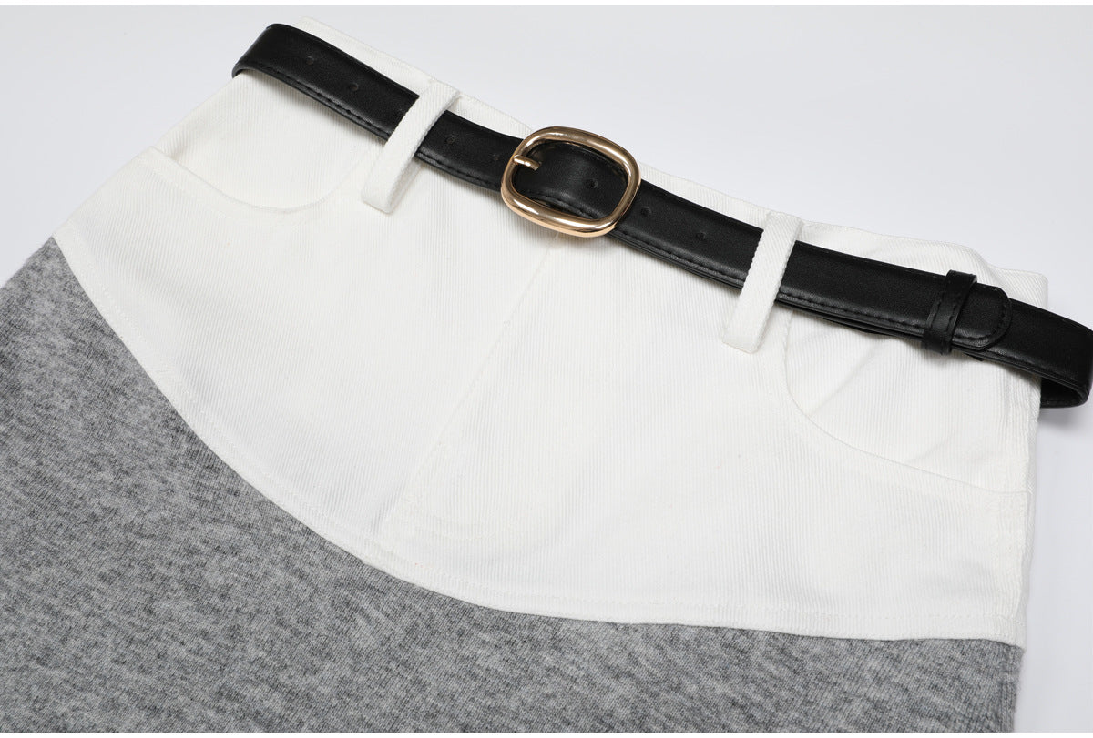 Detail of gray skirt colorblock waist and black belt