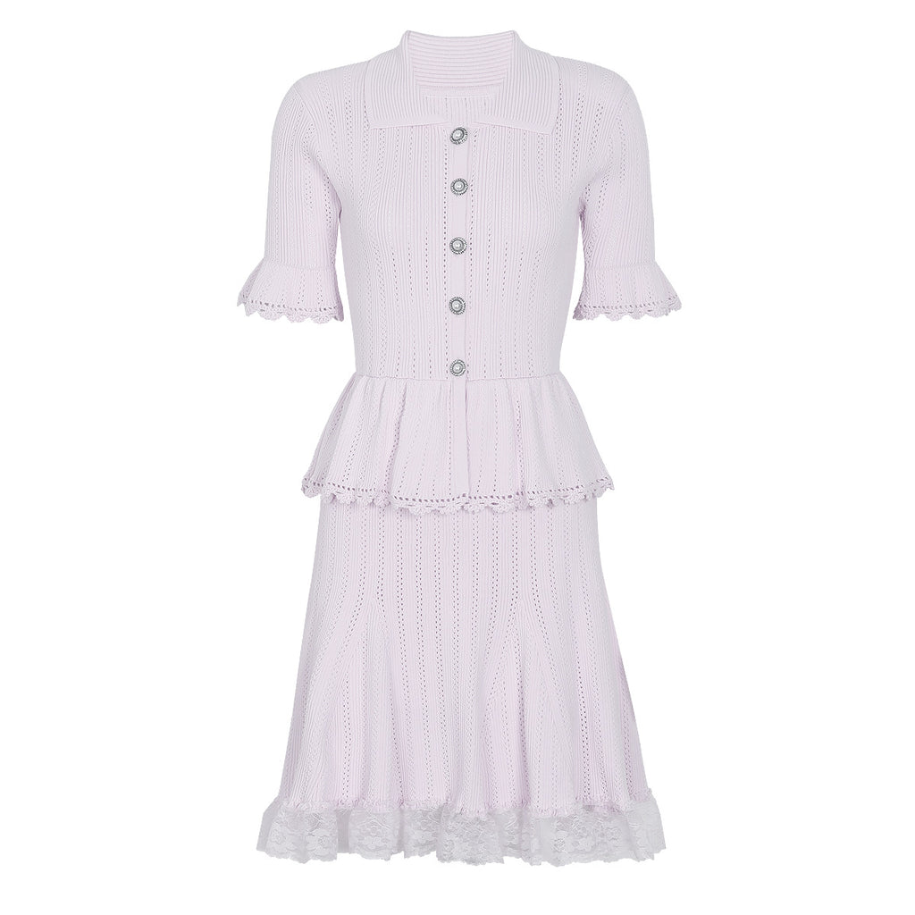 Lilac knit peplum midi dress with lace hem and pearl buttons