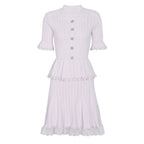 Lilac knit peplum midi dress with lace hem and pearl buttons